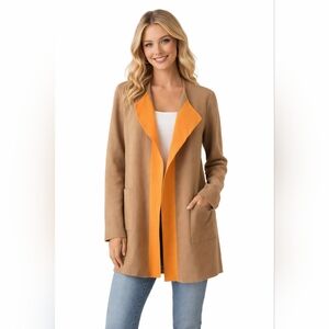 J.Jill Petite Small Camel Open Front Sweater Jacket Cardigan w/ Orange Contrast